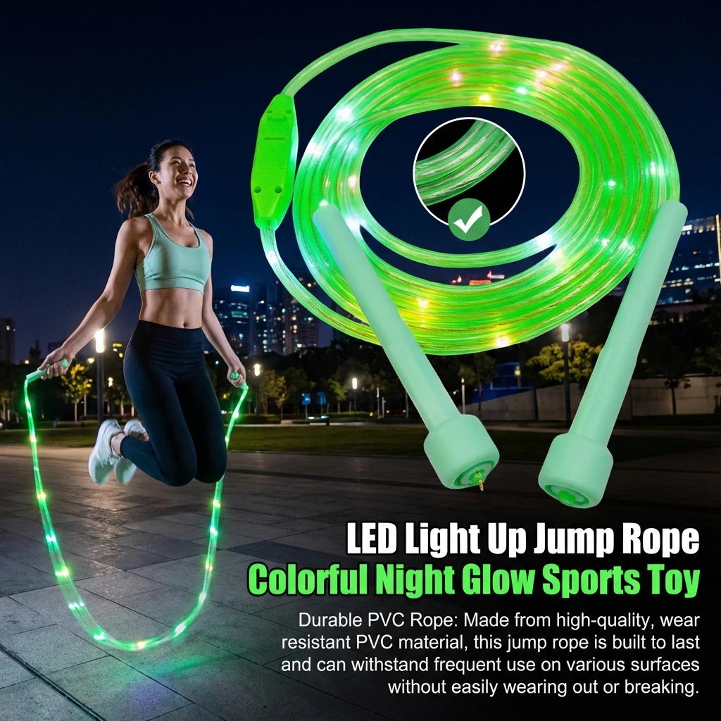 Corda de Pular LED Colorida com Luz Noturna, Brinquedo Esportivo para Uso Noturno ao Ar Livre, Material PVC Durável, Comprimento Ajustável