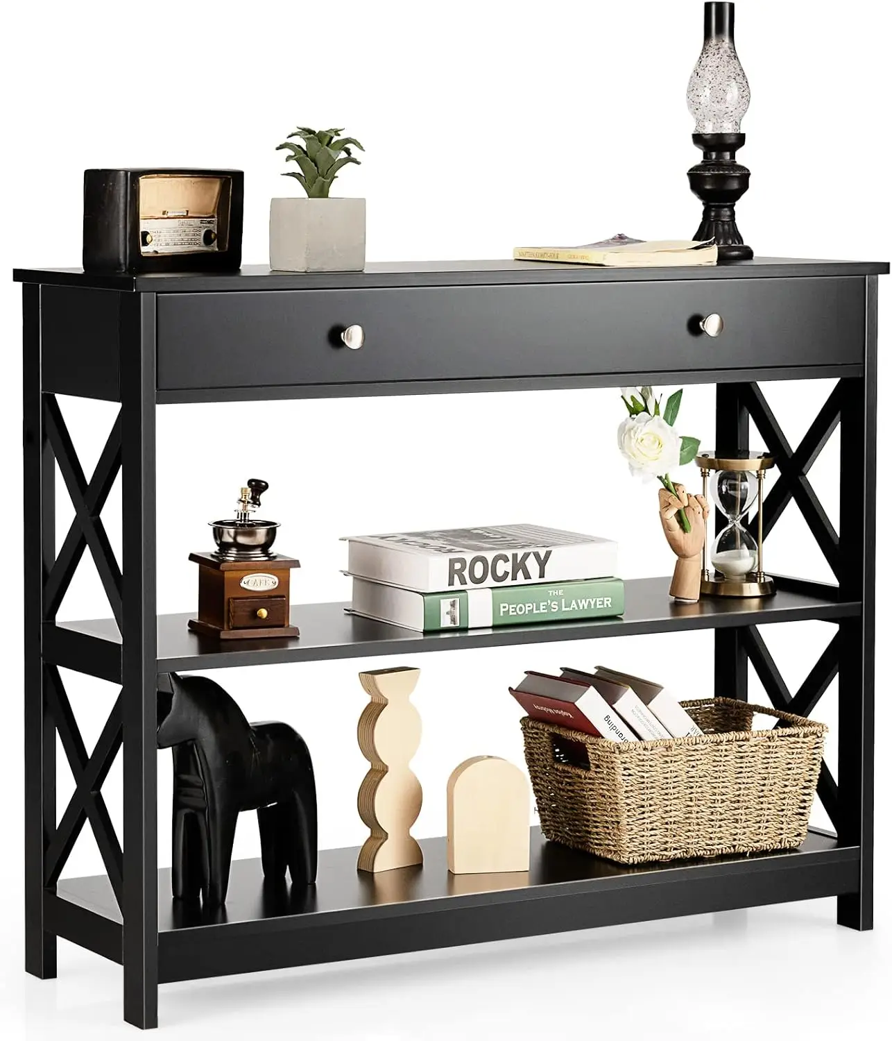 

3-Tier Console Table with Drawers, Narrow Entryway Table w/Storage Shelves, X-Design Sofa Side Tables for Hallway