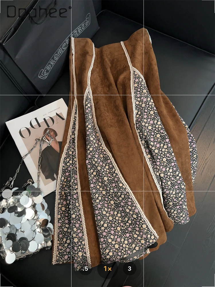 

Suede Patchwork Floral Midi Skirt Women Vintage High Waist Patchwork Color Slim Fashion Elegant Socialite Flared Skirts Autumn