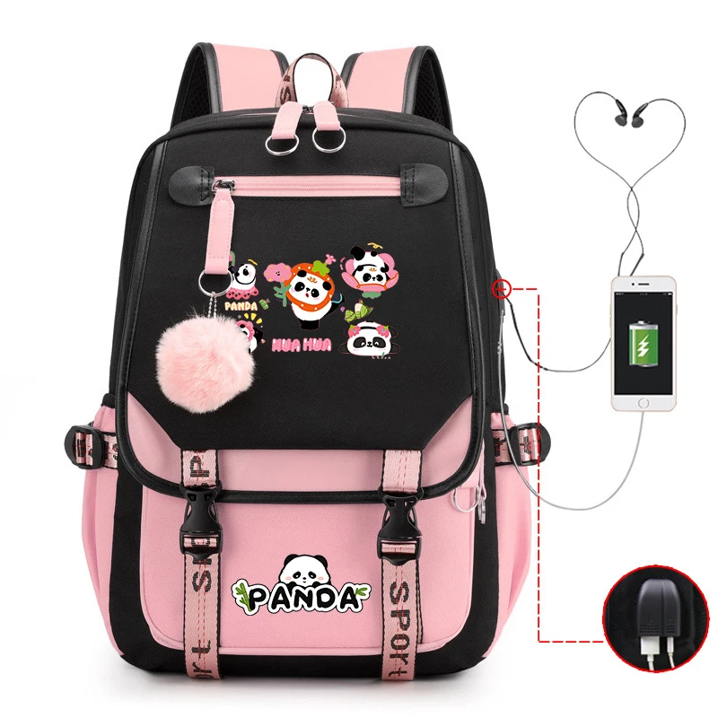 Color Block Panda Print Backpack Girl School Bag Women Men Teens Laptop Travel Rucksack Large-capacity Backpack Street Knapsack