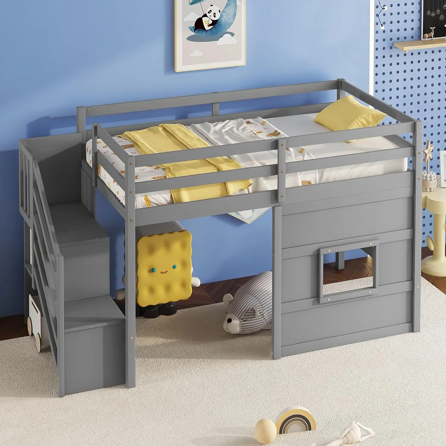 

Twin Size Low Loft Bed with Stairs, Kids Loft Bed with Storage,Solid Wood Twin Loft Bed Frame for Kids, Space, Customized