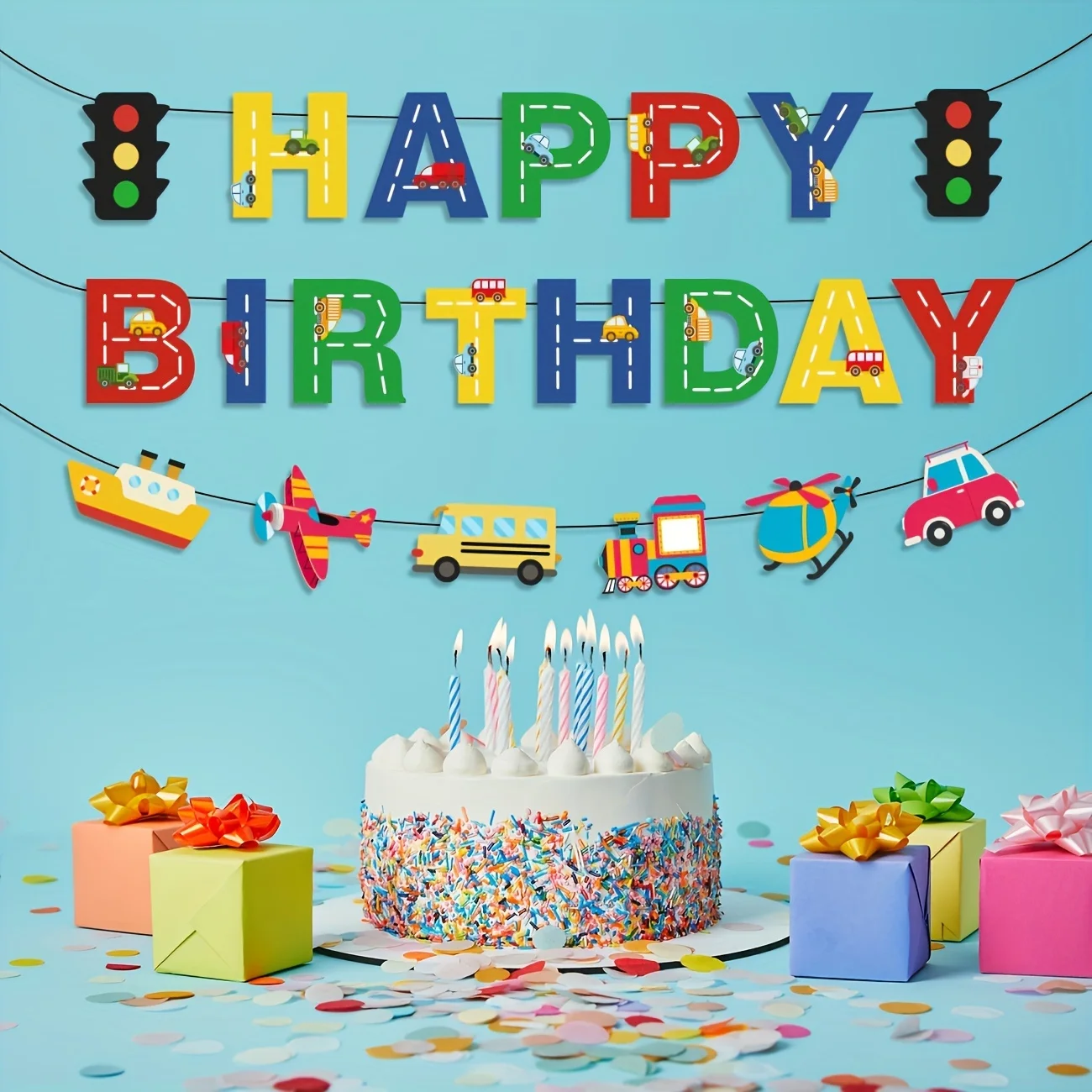 Transport Alles Gute zum Geburtstag Banner Geburtstag Party Dekorationen Auto Bus Zug Schiff Hubschrauber Ampel Foto Requisiten für Kinder – Detail 2