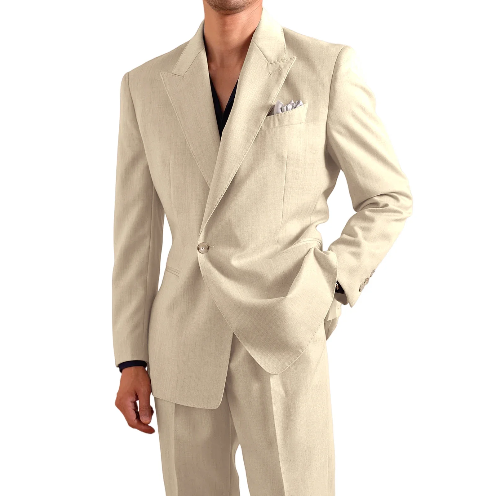 Linen Men's Lightweight 2-Piece Suit Set Slim Fit Formal Peak Lapel Single Button Blazer Trousers Summer Wedding Business Casual