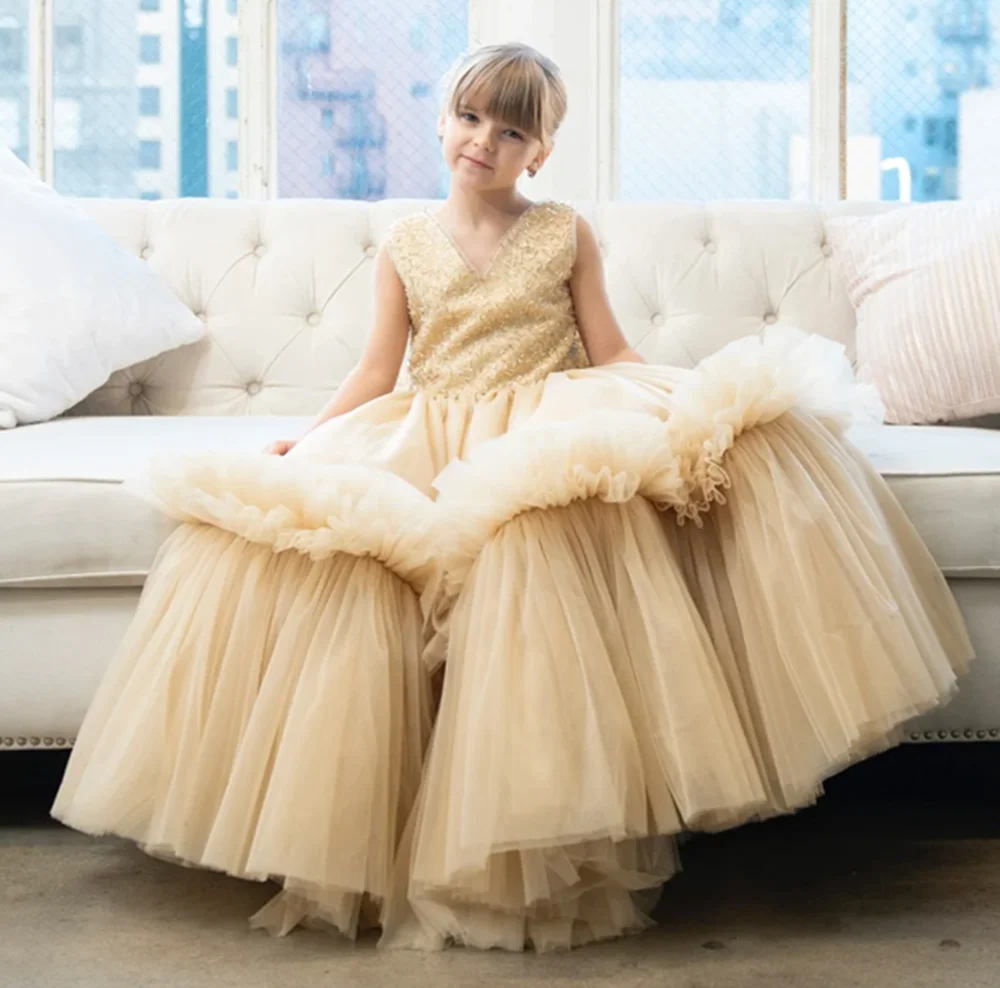 

Crystals Pleat Luxury Elegant A Line Formal Wedding Party Flower Girl Dress Floor Length Sweep Train First Communion Gown New