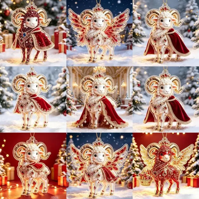2D Acrylic Zodiac Goat Christmas Tree Hanging Ornament Auspicious Red Gold Design For Rearview Mirror New Year Home Decor