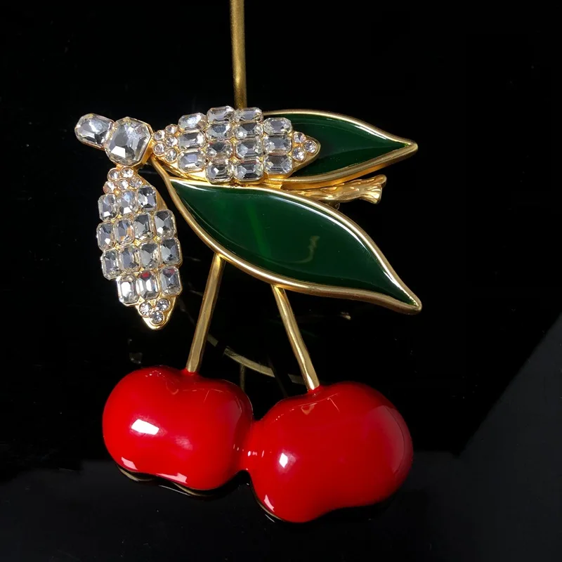 Vintage Enamel Cherry Brooch, Exquisite Fruit Series Lapel Pin Versatile Jewelry for Women