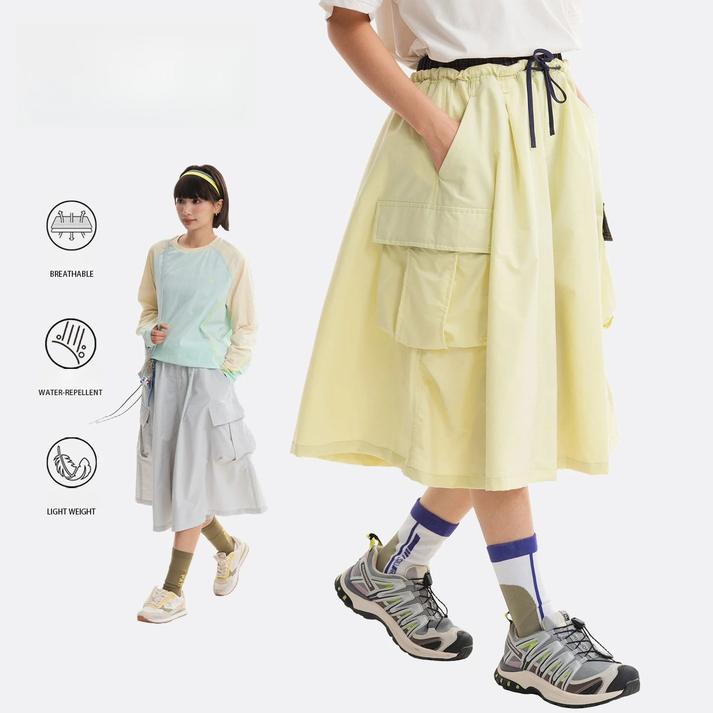 Outdoor Gorpcore Skort: Quick-Dry, Water-Repellent A-Line Maxi Skirt with Contrast Waist & Wide Leg Cargo Pockets