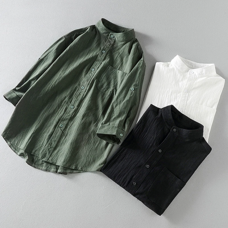 Men's Cotton Linen Short Sleeve Shirt Loose Large Size Summer Handsome Collar New Cropped Sleeve Male Fashion Top
