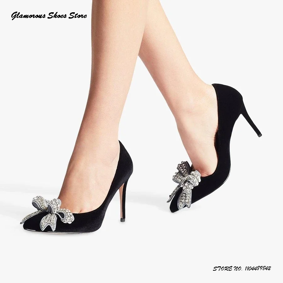 

Crystal Bow-embellished Leather Pumps Women's Pointed Toe Thin Heels Party Office Shoes Spring Autumn Shallow Pull On Stilettos