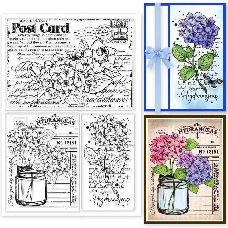 1 Blatt Hortensien Hintergrund Postkarte Klare Stempel für Kartenherstellung Silikon Klare Stempelsiegel Transparente Stempel für Heimwerker