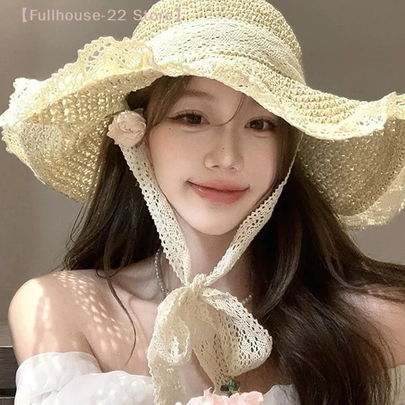 【MAX-22】Summer Lace Straw Beach Hat Foldable Sun Hat With Wide Brim Fresh Stylish Sunblock Shade Hat Perfect For Travel Holiday