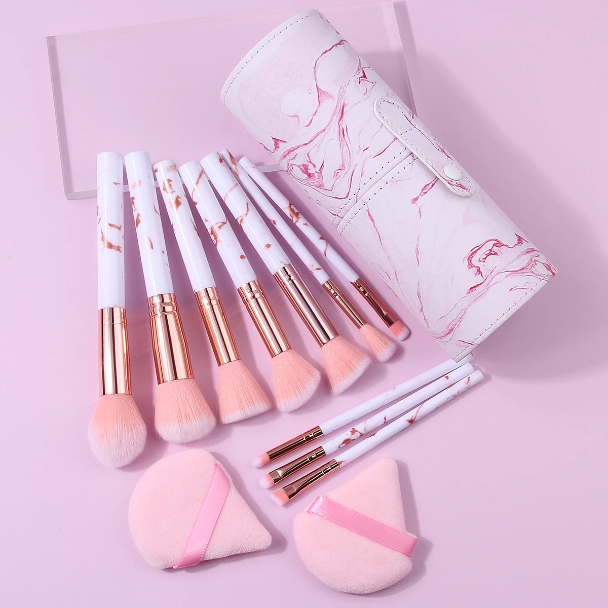 13PCS 핑크 메이크업 브러쉬 세트 - 대리석 무늬 브러쉬 10개, 삼각형 파우더 퍼프 2개, PU 가죽 보관통 포함