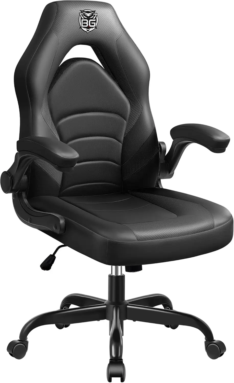 

Leather High-Back Home Office Desk Chair with Flip-Up Arms, Ergonomic Padded Rolling Wheels Swivel Tilt Gamer Computer Chair