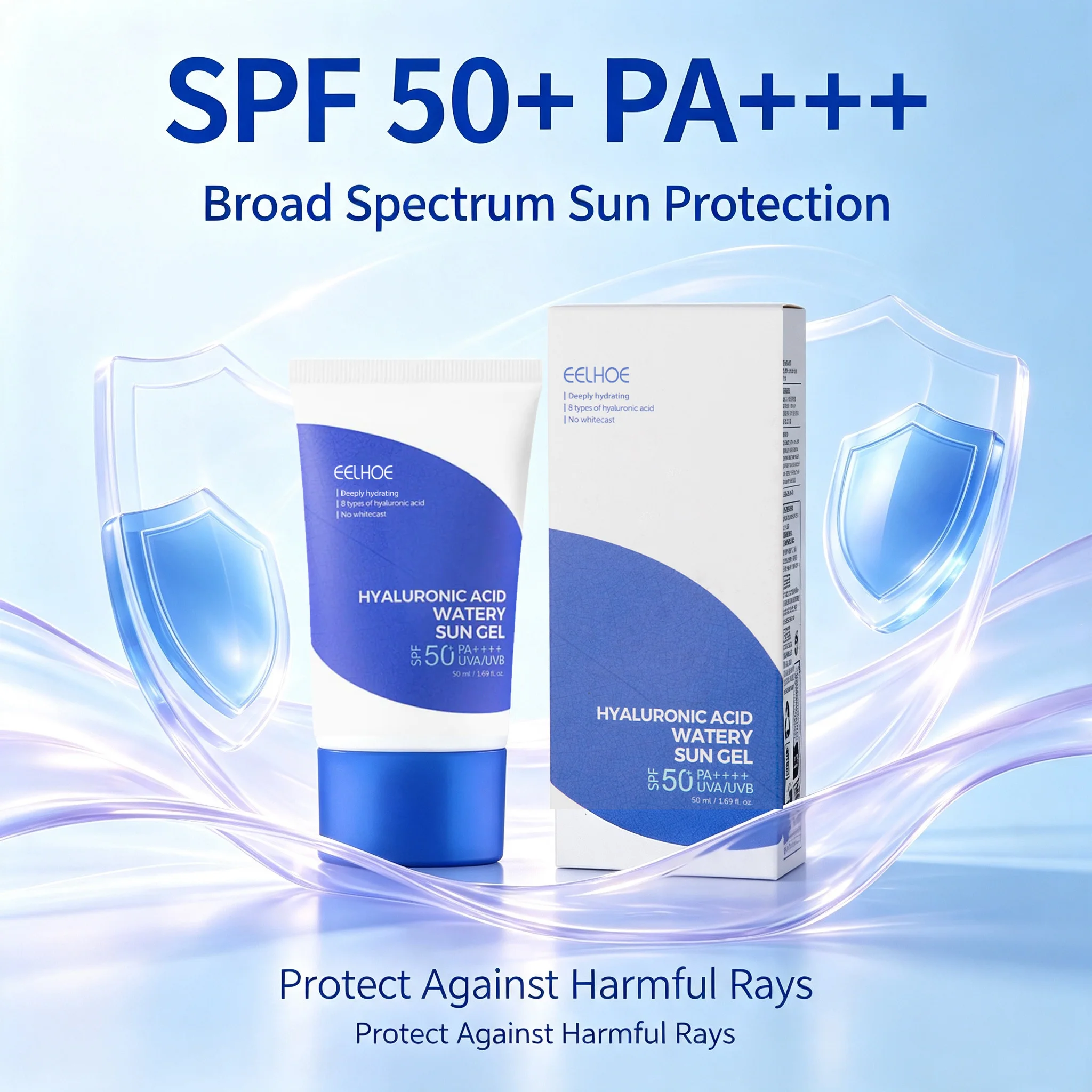 50+++ Hyaluronic Acid Watery Sunscren Gel Invisible No White Cast Harmful Ray Protect Broad-Kpectrum Sunblok For Sensitive Skin