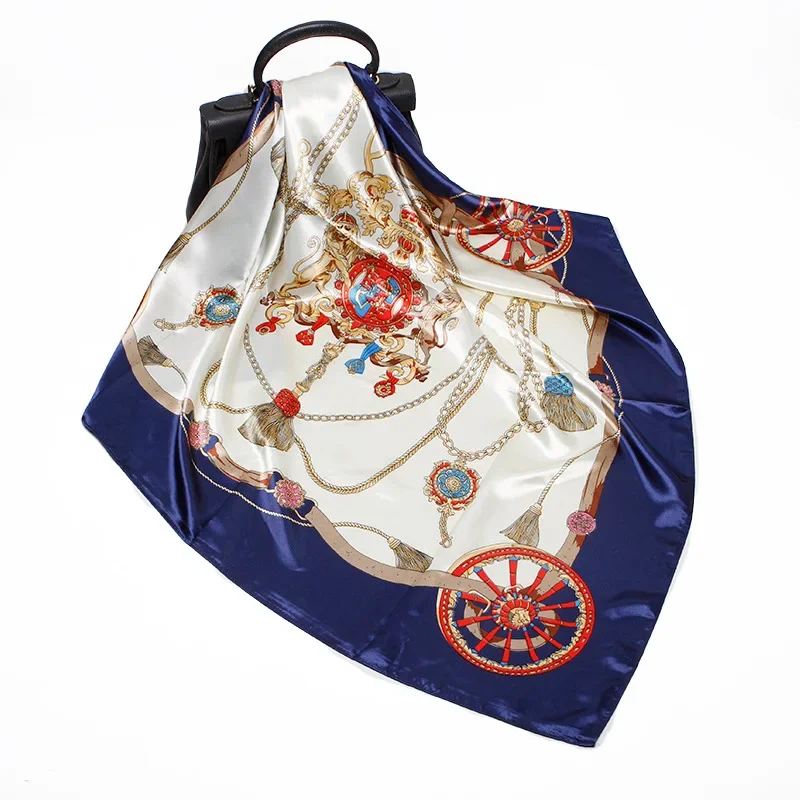 

90 см носовые платки для волос, шелковый шарф с принтом, атласные большие квадратные шелковые шарфы, шали для женщин, королевский щит, цепочка на колесо, хиджаб, повязка на голову