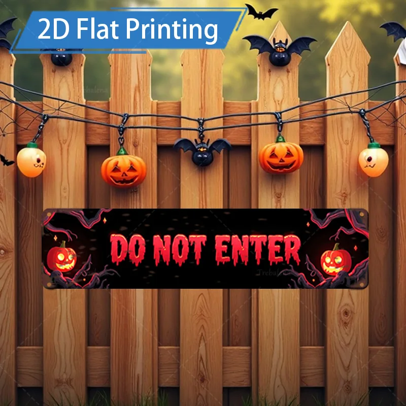 Letrero de metal de 1 pieza, letrero de Halloween "NON ENTER" de 4x16 pulgadas con decoraciones de calabaza y murciélago para valla