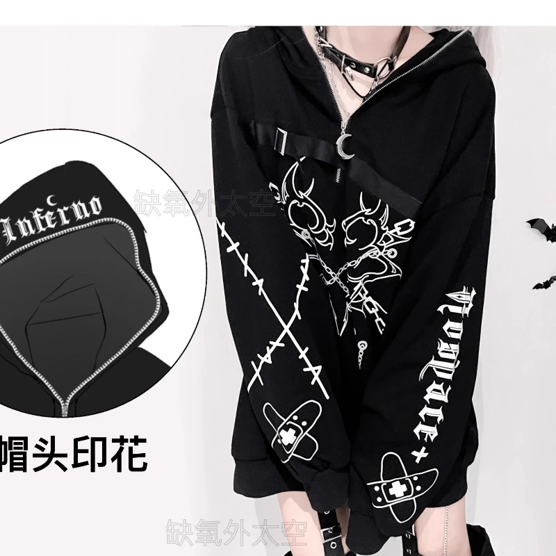 Original Subculture Black Sweet Cool Hooded Hoodies Autumn and Winter New Student Gothic Punk Street Clothing Y2k Printing Top