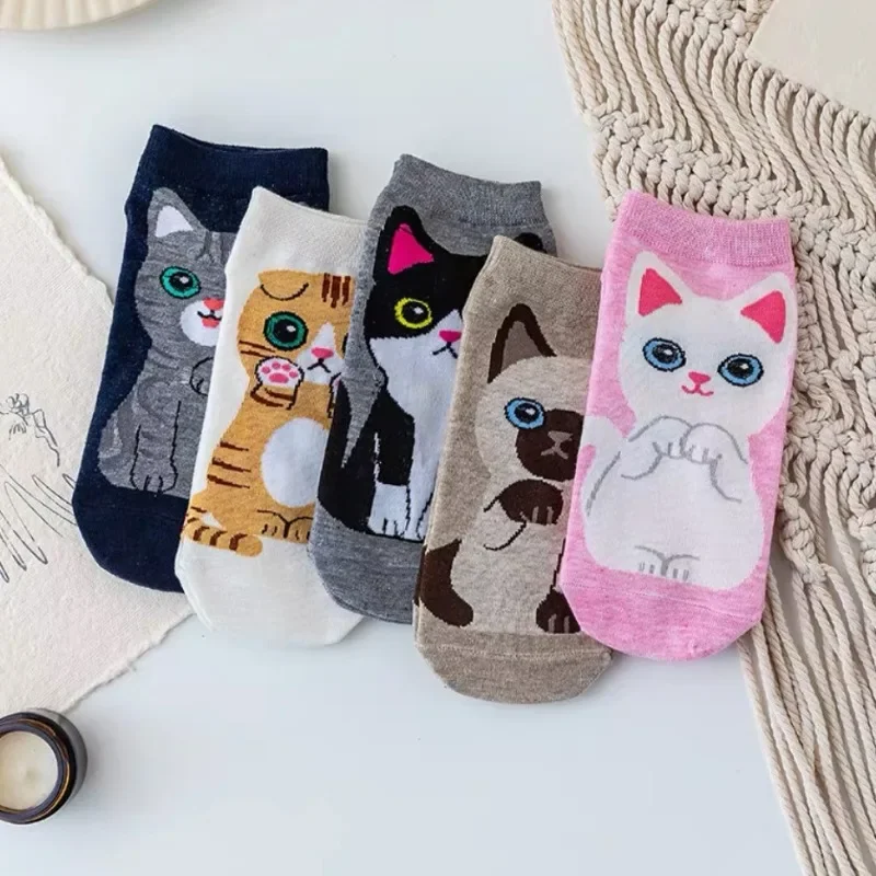 Calcetines de algodón con estampado de gato para mujer, medias de tubo medio, transpirables, desodorantes, dibujos animados, Anime divertido, alta