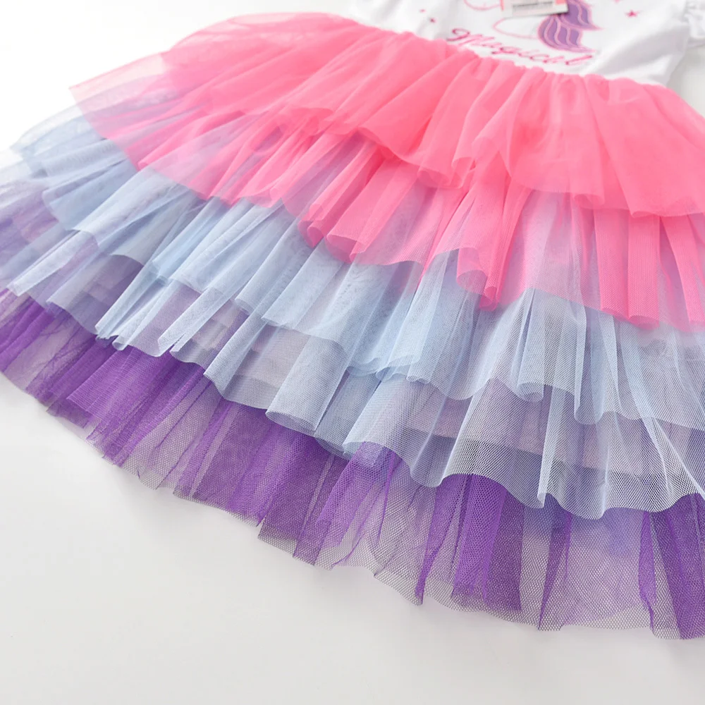 Mädchenkleid mit Einhorn-Stickerei, Langarm, Kinderkleid mit Farbverlauf, Ombre-Tüll-Tutu, Prinzessinnen-Partykleid für Körpergröße 116-128 cm – Detail 6