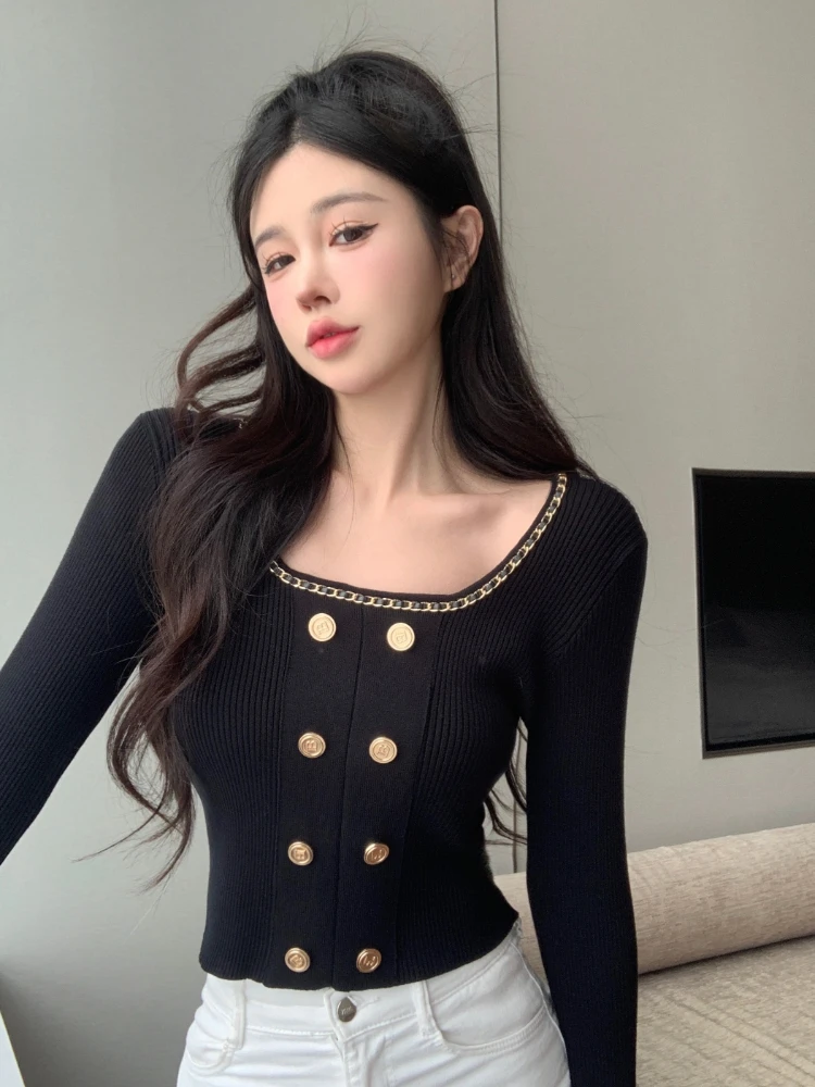 Double Breasted Cardigan Women Slim Spring Autumn Temperament Cropped French Style Knitwear Panelled Popular Classic Advanced