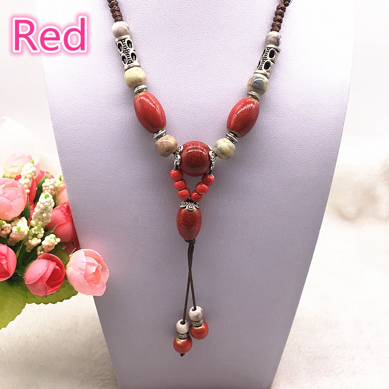 Fashion Ethnic Jewelry Traditional Handmade Ornaments Weave Wax Rope Ceramics Necklace Ceramics Beads Pendant Long Necklace #07