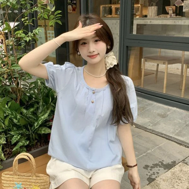 Women Summer Simplicity Loose Temperament Pleated Solid Color O-neck Short Sleeve Shirts Ladies Sweet All-match Fashion Top Tee