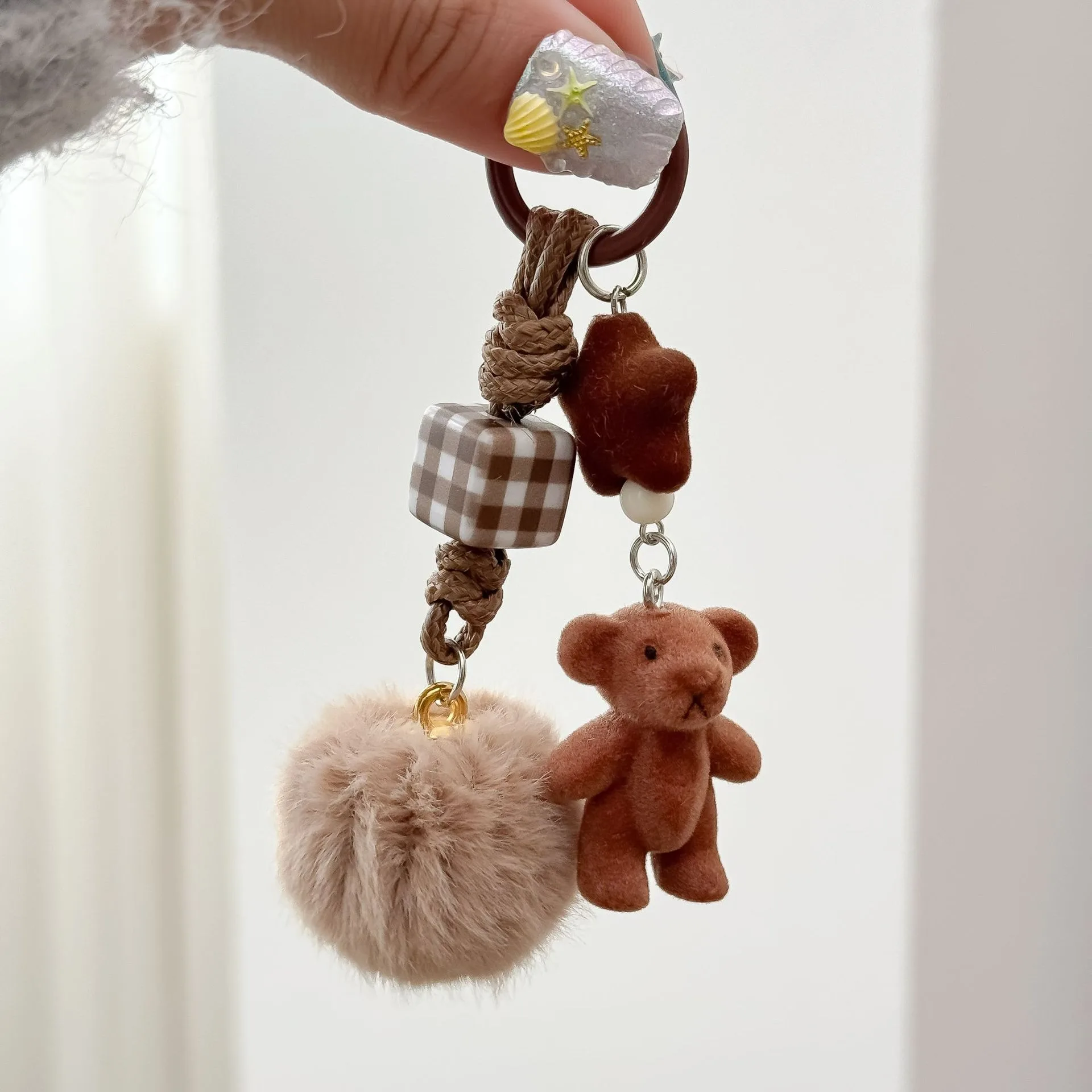 Korean ins cute bear pendant flocking puppy car key pendant handmade braided rope pendant hairball bag pendant