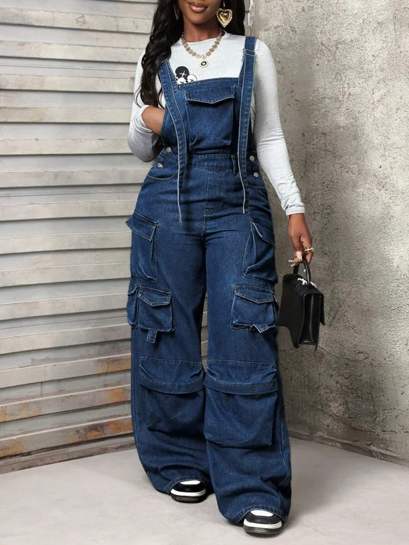 Streetwear Cargo Overalls Denim Jumpsuit Autumn Clothes Women Multi Pockets Straight Jeans Safari Style Cowboy One Pieces Outfit