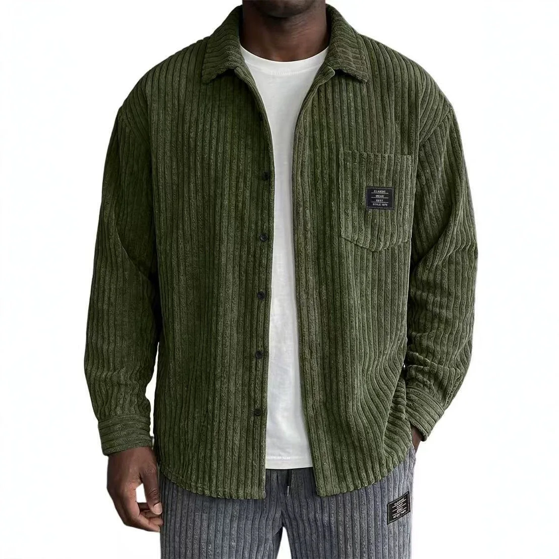 New Winter Corduroy Sticker Pocket Jacket Casual Loose Lapel Badge Long Sleeve Jacket