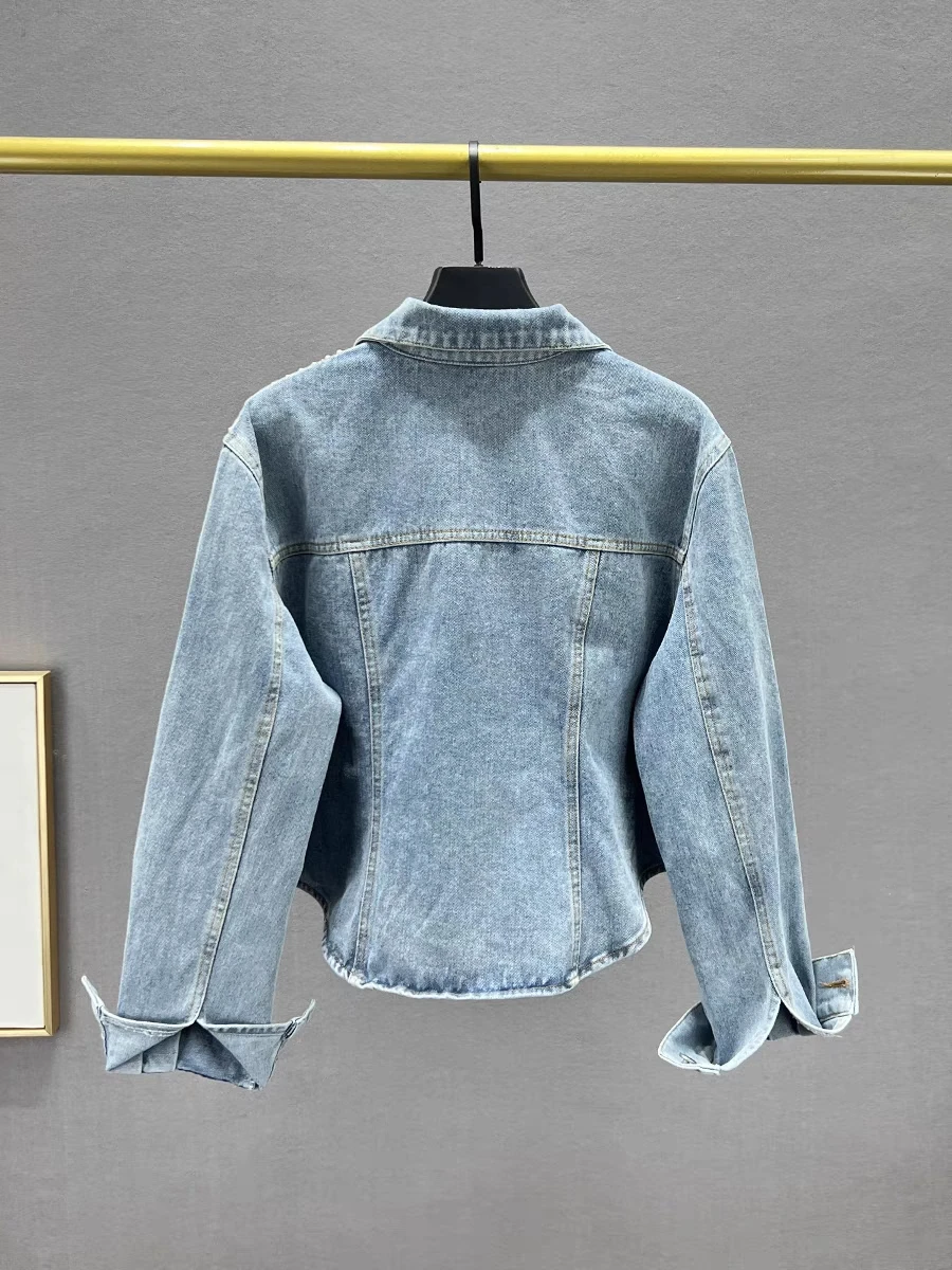 Short Fashion Denim Jacket Women's New Spring Slim Fitting Long-sleeved Jacket With Diamonds