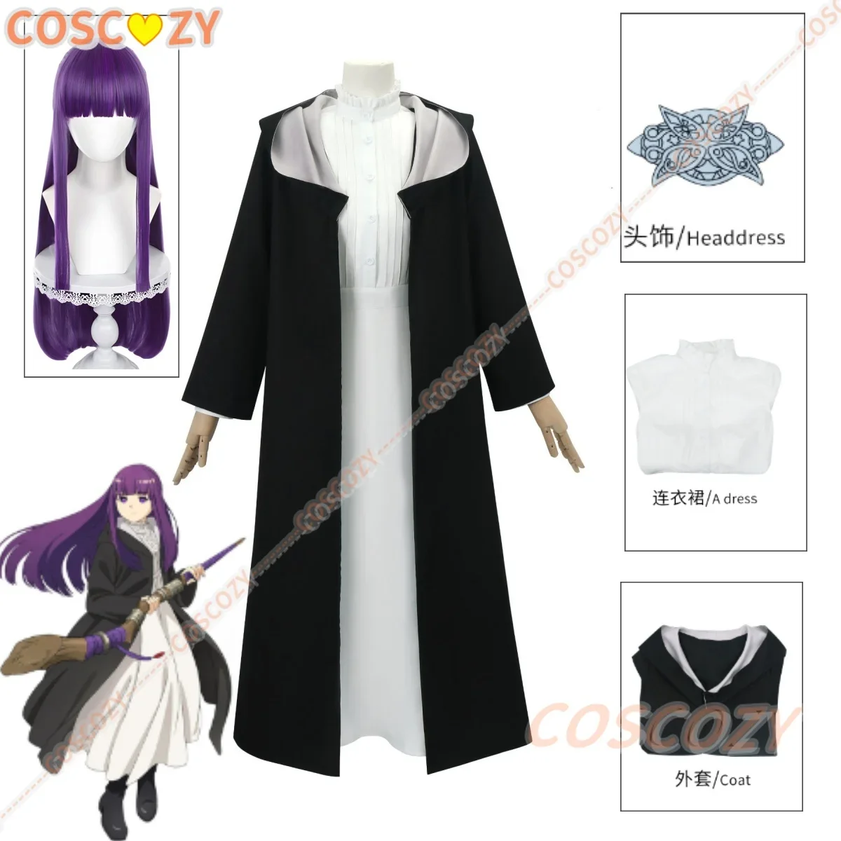 Anime Frieren: Beyond Journey's End Fern Cosplay Costume White Long Dress and Black Robe Purple Wig Headwear Halloween Suit