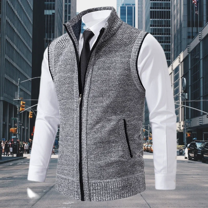 Stand Collar Sweater Vest Men Thick Warm Sleeveless Cardigan Coat Autumn Winter Knitted Vests Outerwear Zipper Vest Jacket Men