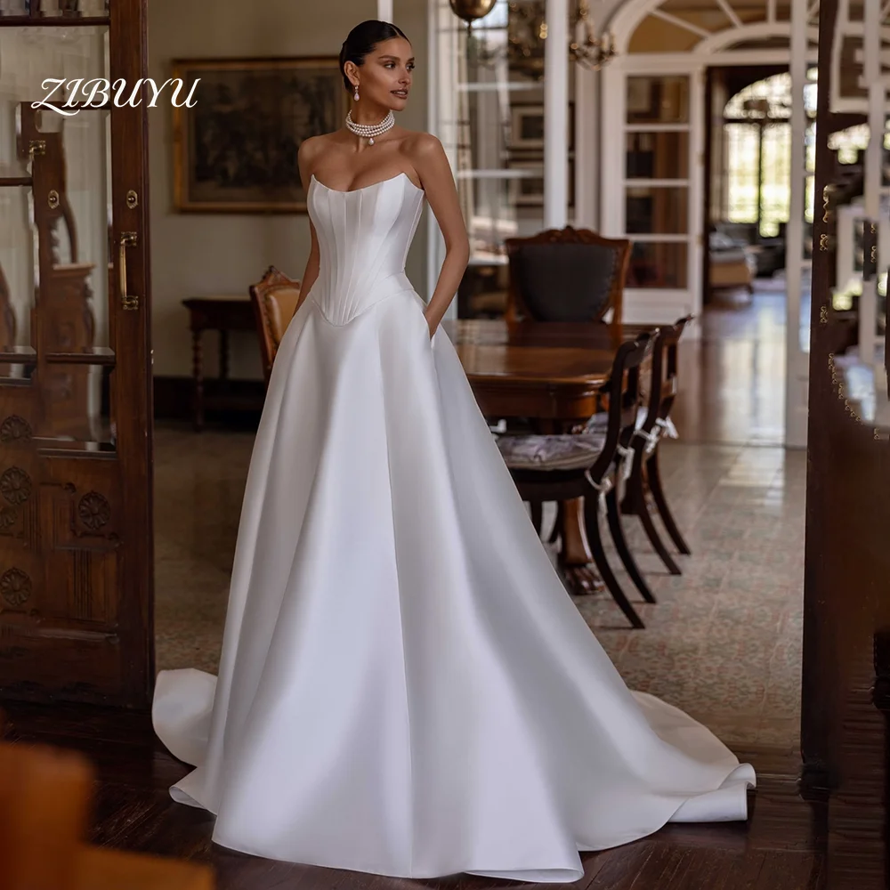

ZIBUYU Customized 2026 Luxury Wedding Dress A-Line Strapless Sweetheart Satin Corset Ball Gown BackleSS Floor Length Bridal Gown