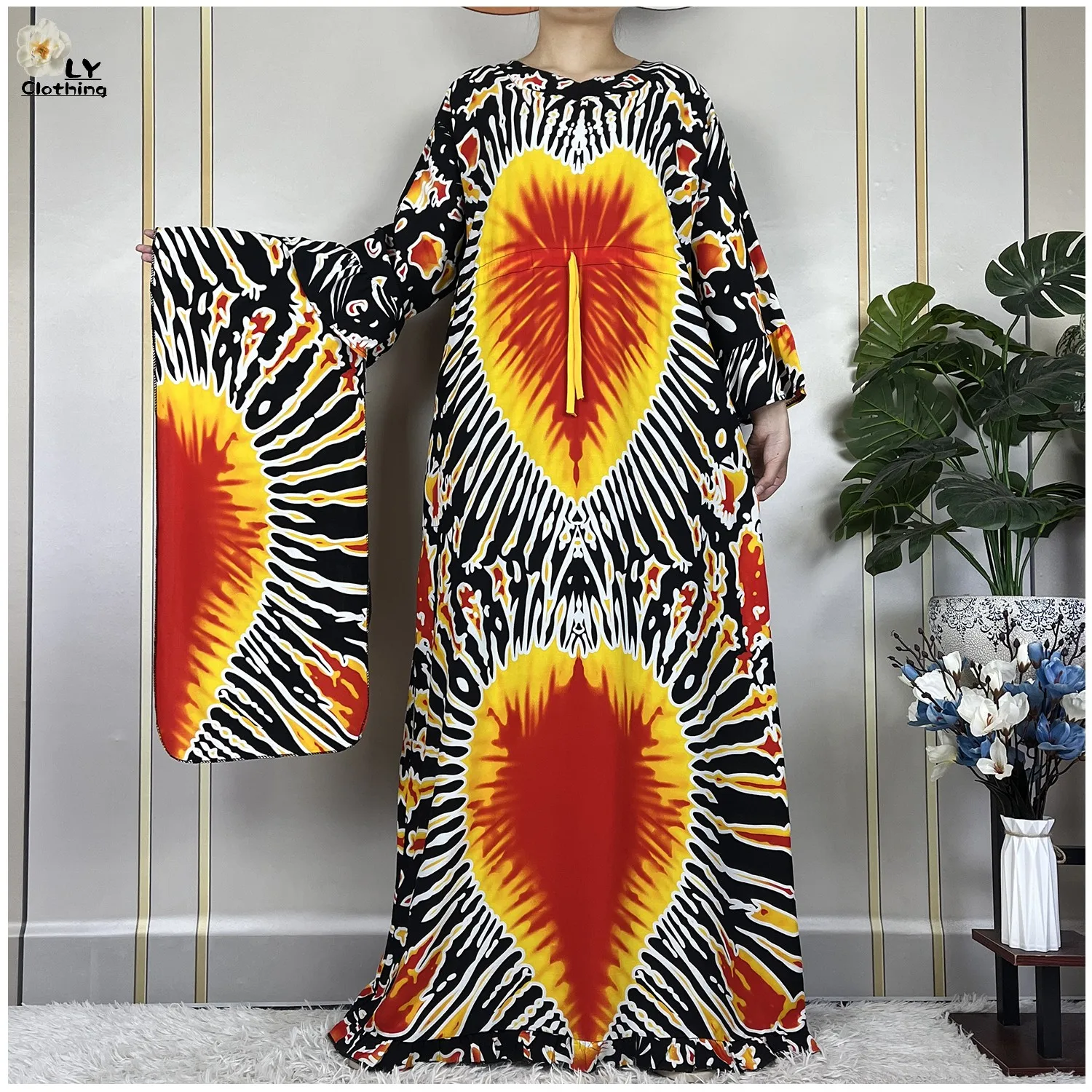 

2024 New Fashion Dubai Women Loose Long Sleeved Printing Robe African Abayas Summer Cotton Femme Muslim Tradition Casual Dress