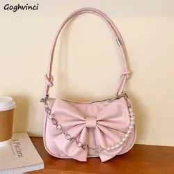 Bolso de hombro con perlas para mujer, bolsa con cadena y lazo de cuero PU, textura coreana, elegante