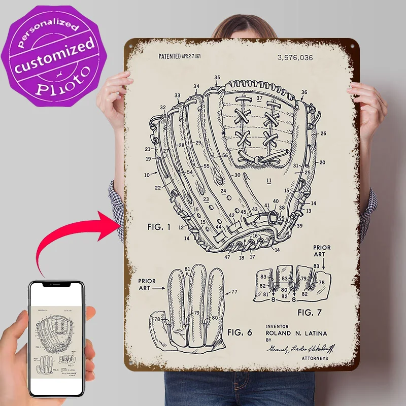 Baseball Glove Patent Illustration Personalized 3D Textured Metal Poster Wall Art Vintage Tin Signs for Bedroom Decorations Home