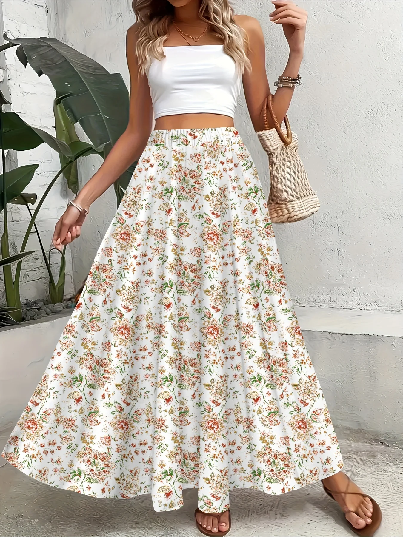 Printed Design Red & White Ditsy Floral Print All-Season Women's Maxi Skirt, Boho Elastic Waist Flowy Half Skirt