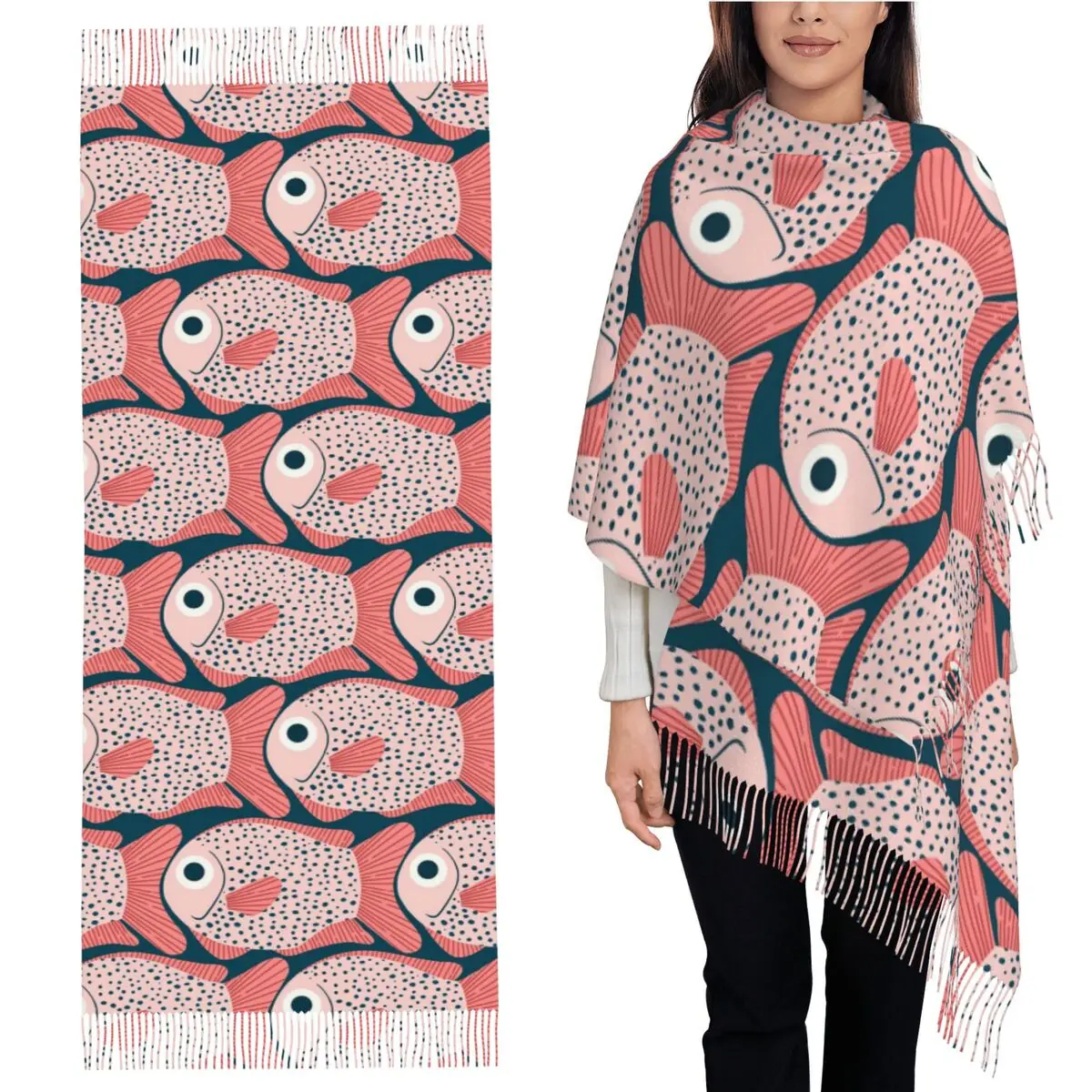 

Шарф с рыбным узором, шарфы с кисточками для женщин, мягкие теплые шали и накидки, большая осенне-зимняя шаль