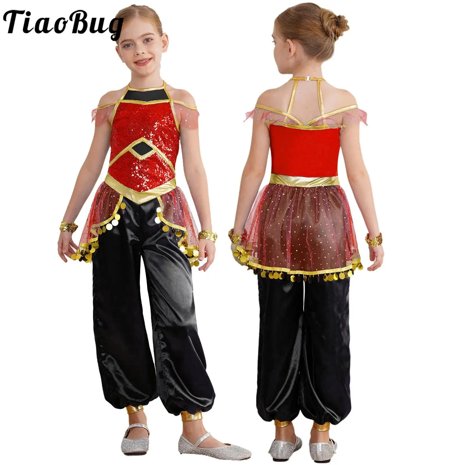 

Kids Girls Arabian Princess Costume Sleeveless Tulle Sequins Bodysuit for Halloween Carnival Party Belly Dance Fancy Dress Up