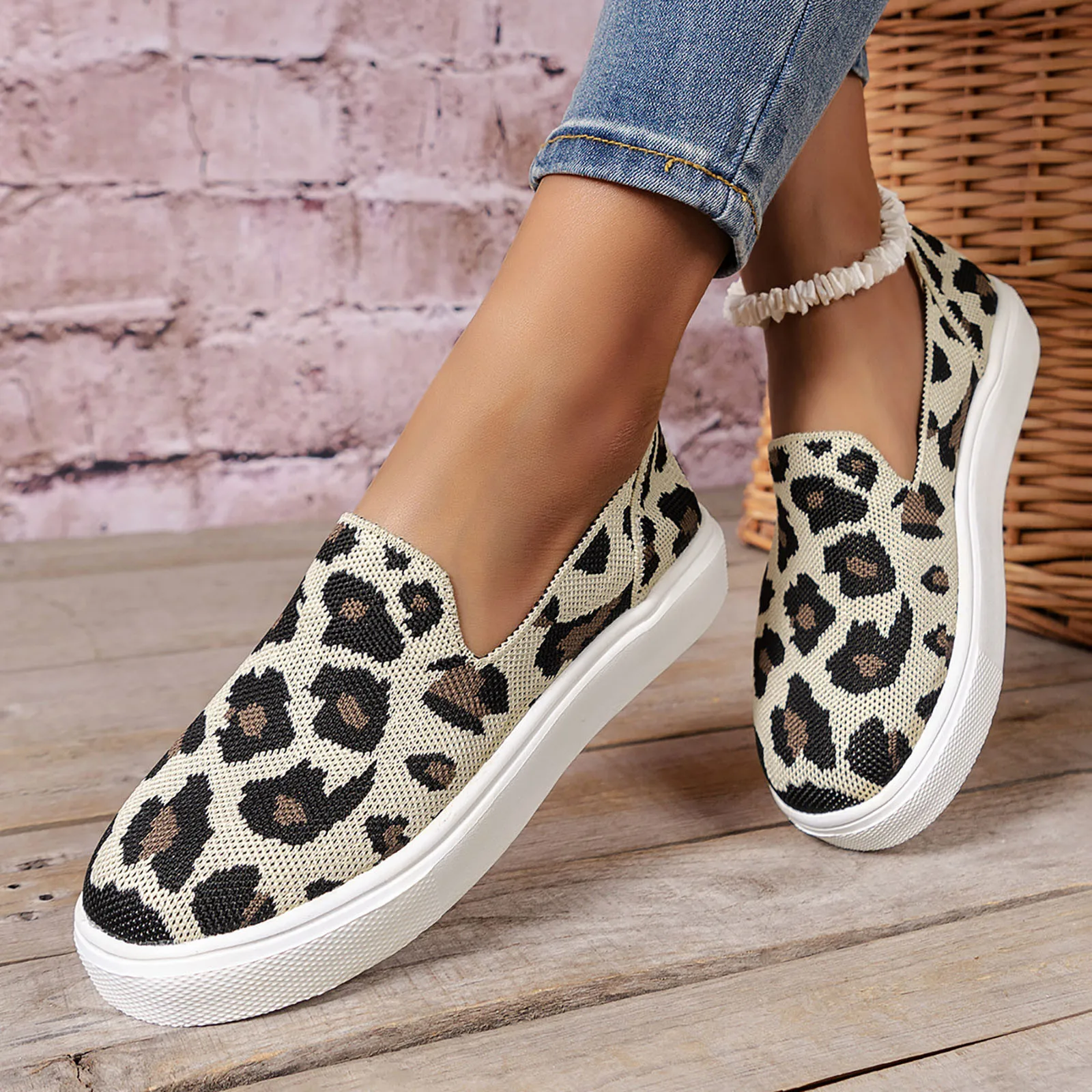 Women\'s Shoes 2024 Summer Thick Sole Shoes Leopard Pattern Sexy Mesh Flats Shallow Mouth Casual Single Walking Mesh Flat Shoes