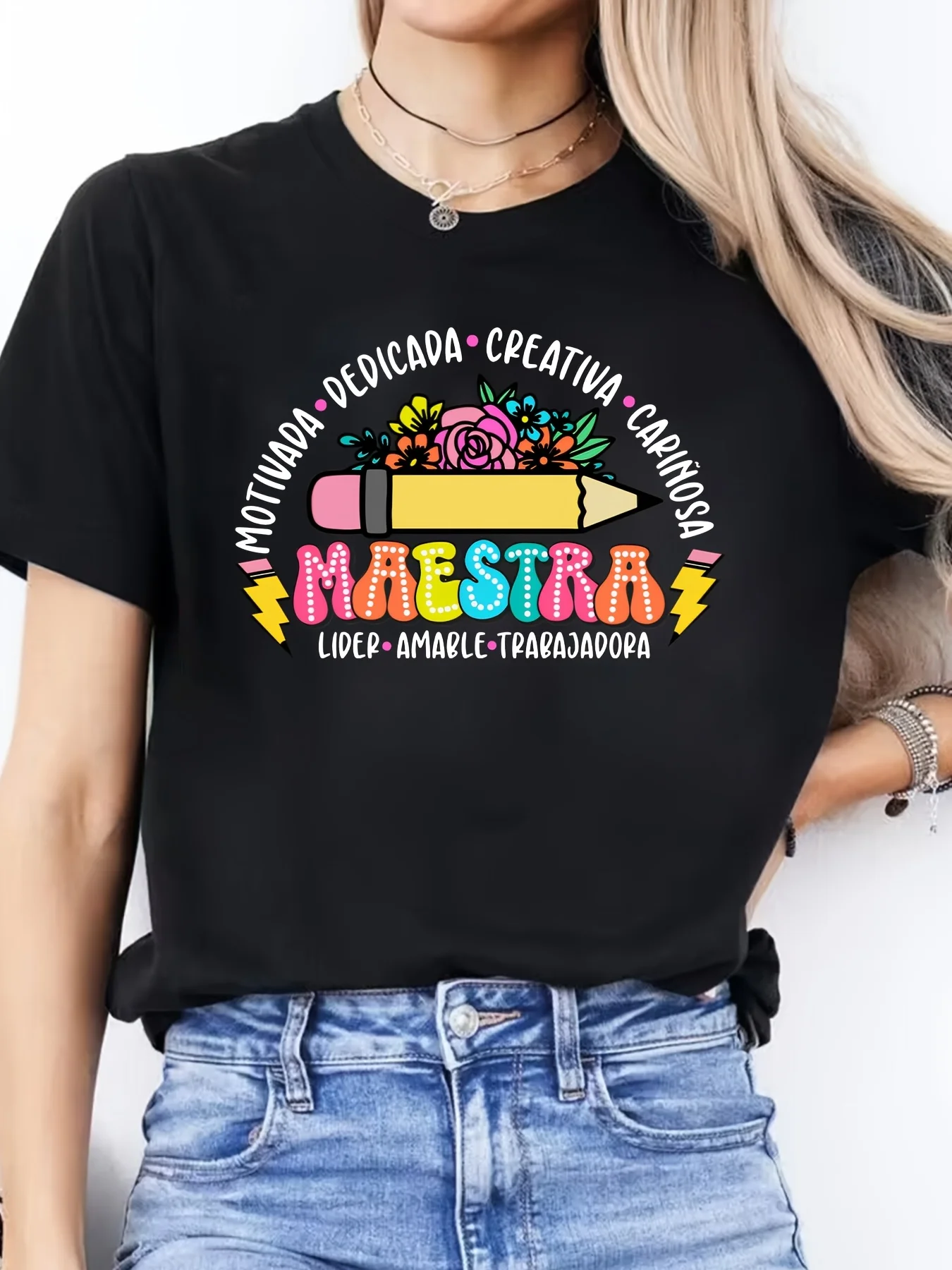 Women'S Round Neck Short Sleeve Sports T-Shirt with Spanish Letter Print for Spring And Summer Casual Wear