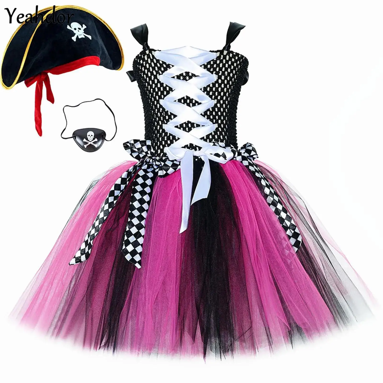 

Girls Halloween Pirate Cosplay Costumes Lace-Up Puffy Mesh Ballet Leotard Tutu Dress with Skull Hat 4Pcs/ 6Pcs Pirate Dress Up