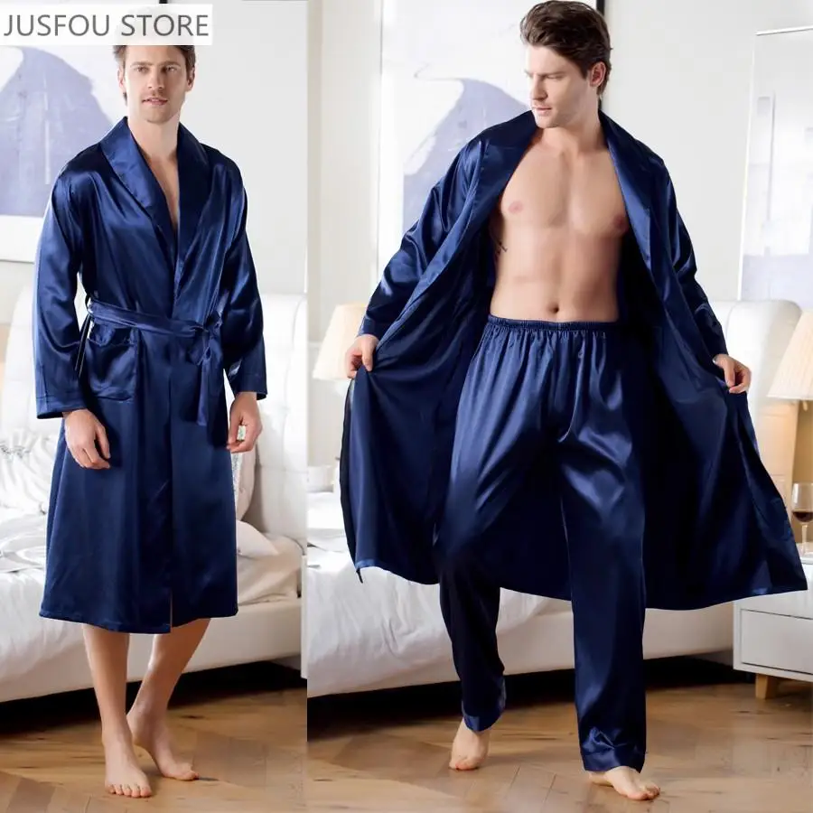 Big Size 3Xl Men Robe Loose Satin Kimono Bath Gown Casual Sleepwear Sexy Nightwear Long Sleeve Lapel Wedding Intimate Lingerie