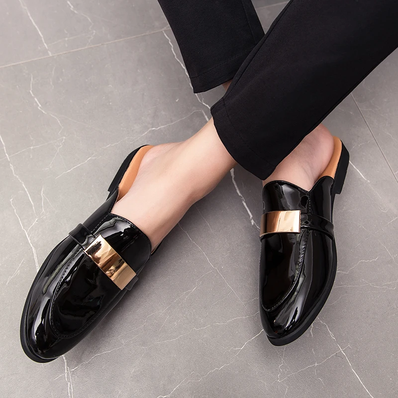 

Boyfriend Men's Black Patent Leather Half Slippers Casual Shoes Indoor Mules Loafers Zapatos Hombre Slip-On