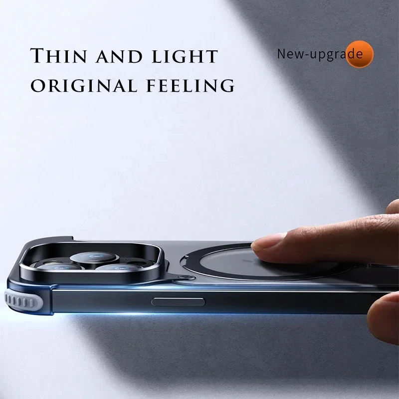 Magnetic Metal Stand Rimless Phone Case For Iphone 15 14 13 Pro Max 15 Plus Aluminum Lens Shell Frosted Matte Shockproof Cover