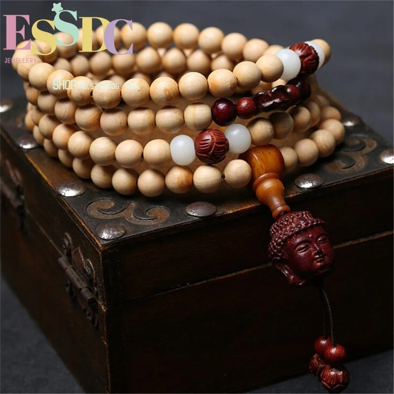 

Natural Taihang Mountains Cypress 108 Beads Mala Lobular Sandalwood Carved Lotus Buddha Head Pendant Prayer Bracelets