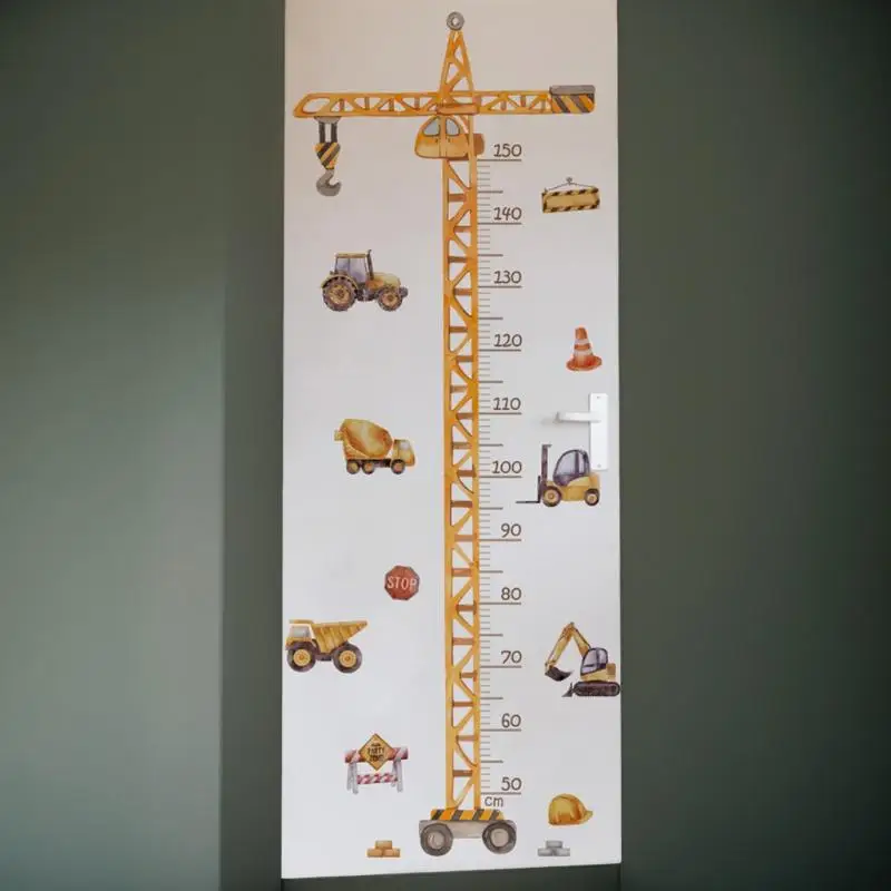 Cartoon Crane Construction Height Chart Wall Sticker Removable Self-Adhesive Vinyl Kids Growth Measurement Decal