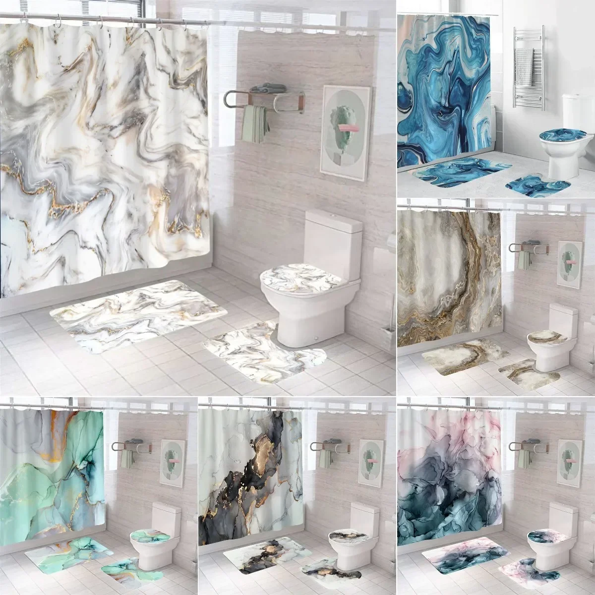 Luxury 3D Marble Shower Curtain Set Polyester Fabric Waterproof Batthroom Curtains Modern Style Printing Bath Toilet Cover Mat