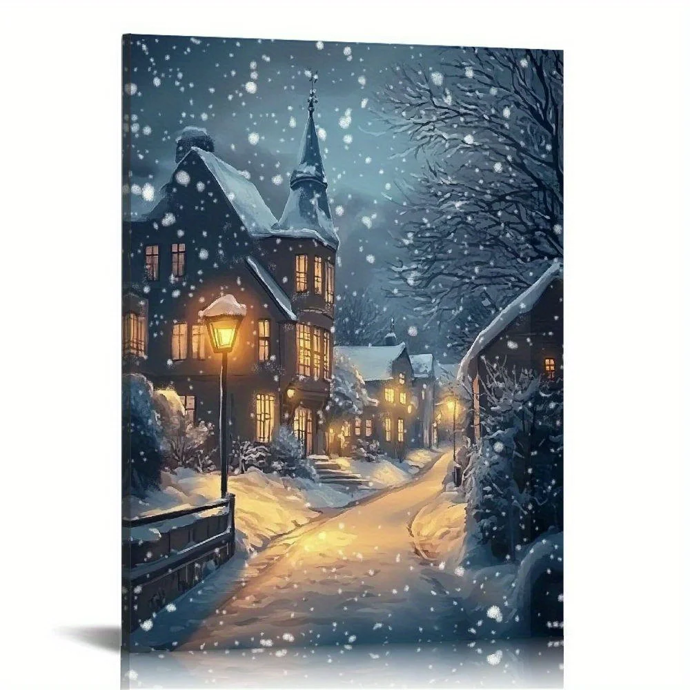 Cadre en toile de paysage de neige d'hiver, peinture murale de village de Noël, éclairage de chalet de nuit enneigé, décoration d'art, ambiance hivernale chaude, 1PC