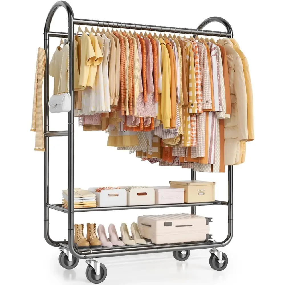 

Industrial-Strength Double Rod Rolling Garment Rack, 720 lbs Capacity, Lockable Wheels, Ideal for Home, Laundry, Retail, Black
